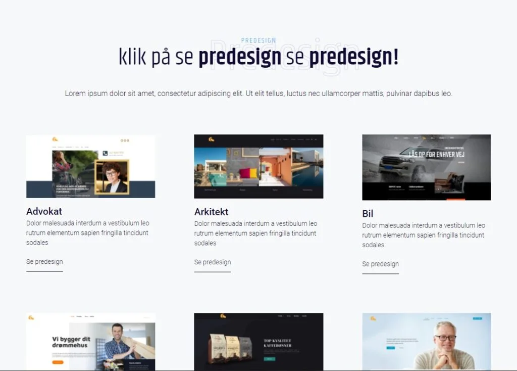 Elementor predesign hjemmeside skabeloner viser seks forskellige website layouts for advokat, arkitekt, bil, byggefirma, café og konsulent brancher